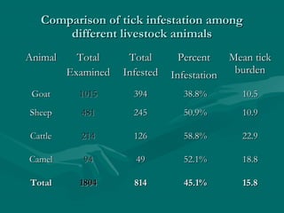 Comparison of tick infestation amongComparison of tick infestation among
different livestock animalsdifferent livestock animals
AnimalAnimal TotalTotal
ExaminedExamined
TotalTotal
InfestedInfested
PercentPercent
InfestationInfestation
Mean tickMean tick
burdenburden
GoatGoat 10151015 394394 38.8%38.8% 10.510.5
SheepSheep 481481 245245 50.9%50.9% 10.910.9
CattleCattle 214214 126126 58.8%58.8% 22.922.9
CamelCamel 9494 4949 52.1%52.1% 18.818.8
TotalTotal 18041804 814814 45.1%45.1% 15.815.8
 