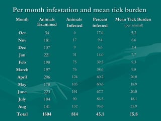 Per month infestation and mean tick burdenPer month infestation and mean tick burden
MonthMonth AnimalsAnimals
ExaminedExamined
AnimalsAnimals
InfestedInfested
PercentPercent
infestedinfested
Mean Tick BurdenMean Tick Burden
(per animal)(per animal)
OctOct 3434 66 17.617.6 5.25.2
NovNov 181181 1717 9.49.4 6.66.6
DecDec 137137 99 6.66.6 3.43.4
JanJan 221221 3131 14.014.0 7.77.7
FebFeb 190190 7575 39.539.5 9.39.3
MarchMarch 197197 7676 38.638.6 9.89.8
AprilApril 206206 124124 60.260.2 20.820.8
MayMay 170170 103103 60.660.6 18.918.9
JuneJune 223223 151151 67.767.7 20.820.8
JulyJuly 104104 9090 86.586.5 18.118.1
AugAug 141141 132132 93.693.6 25.925.9
TotalTotal 18041804 814814 45.145.1 15.815.8
 