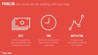 Cost time motivation
workout equipment
and memberships are
so expensive it hurts
traditional workouts are
high friction and time-
consuming
it’s hard to get
motivated to exercise
for newbies
problem: the issues we are tackling with our mvp
Tickle timer