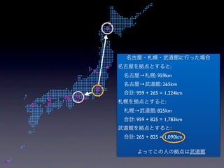 名古屋・札幌・武道館に行った場合
名古屋を拠点とすると:
 名古屋→札幌: 959km
 名古屋→武道館: 265km
 合計: 959 + 265 = 1,224km
札幌を拠点とすると:
 札幌→武道館: 825km
 合計: 959 + 825 = 1,783km
武道館を拠点とすると:
 合計: 265 + 825 = 1,090km

      よってこの人の拠点は武道館
 