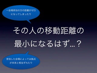 一会場参加の方の距離がゼロ
  になってしまったり




  その人の移動距離の
   最小になるはず...？
参加した会場によっては拠点
 が本来と相当ずれたり
 