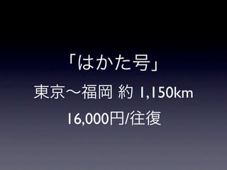 「はかた号」
東京∼福岡 約 1,150km
   16,000円/往復
 