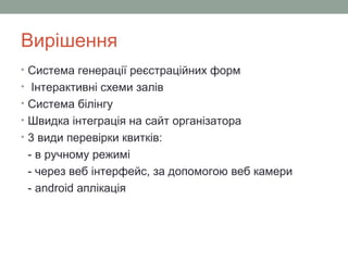 Вирішення
• Система генерації реєстраційних форм
• Інтерактивні схеми залів
• Система білінгу
• Швидка інтеграція на сайт організатора
• 3 види перевірки квитків:
- в ручному режимі
- через веб інтерфейс, за допомогою веб камери
- android аплікація
 