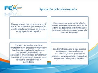 El conocimiento que no se comparte ni
aplica a los problemas que en la practica
se enfrentan las empresas y los gerentes
no agrega valor de negocios
El conocimiento organizacional debe
convertirse en una parte sistemática de
a toma de decisiones administrativas e
integrarse en los sistemas de apoyo a la
toma de decisiones.
El nuevo conocimiento se debe
incorporar en los procesos de negocios y
los sistemas de aplicaciones clave de
una empresa, incluyendo las
aplicaciones empresariales para manejar
los procesos de negocios internos y las
relaciones con los clientes y
proveedores.
La administración apoya este proceso
creando con base en el nuevo
conocimiento, nuevas practicas de
negocios, nuevos productos y servicios y
nuevos mercados para la empresa.
Aplicación del conocimiento
 