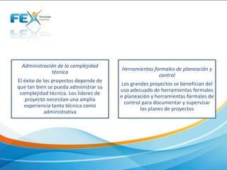 Administración de la complejidad
técnica
El éxito de los proyectos depende de
que tan bien se pueda administrar su
complejidad técnica. Los lideres de
proyecto necesitan una amplia
experiencia tanto técnica como
administrativa
Herramientas formales de planeación y
control
Los grandes proyectos se benefician del
uso adecuado de herramientas formales
e planeación y herramientas formales de
control para documentar y supervisar
los planes de proyectos
 