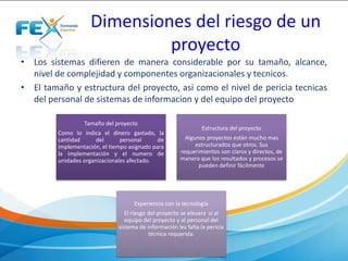 Dimensiones del riesgo de un
proyecto
• Los sistemas difieren de manera considerable por su tamaño, alcance,
nivel de complejidad y componentes organizacionales y tecnicos.
• El tamaño y estructura del proyecto, asi como el nivel de pericia tecnicas
del personal de sistemas de informacion y del equipo del proyecto
Tamaño del proyecto
Como lo indica el dinero gastado, la
cantidad del personal de
implementación, el tiempo asignado para
la implementación y el numero de
unidades organizacionales afectado.
Estructura del proyecto
Algunos proyectos están mucho mas
estructurados que otros. Sus
requerimientos son claros y directos, de
manera que los resultados y procesos se
pueden definir fácilmente
Experiencia con la tecnología
El riesgo del proyecto se elevara si al
equipo del proyecto y al personal del
sistema de información les falta la pericia
técnica requerida.
 