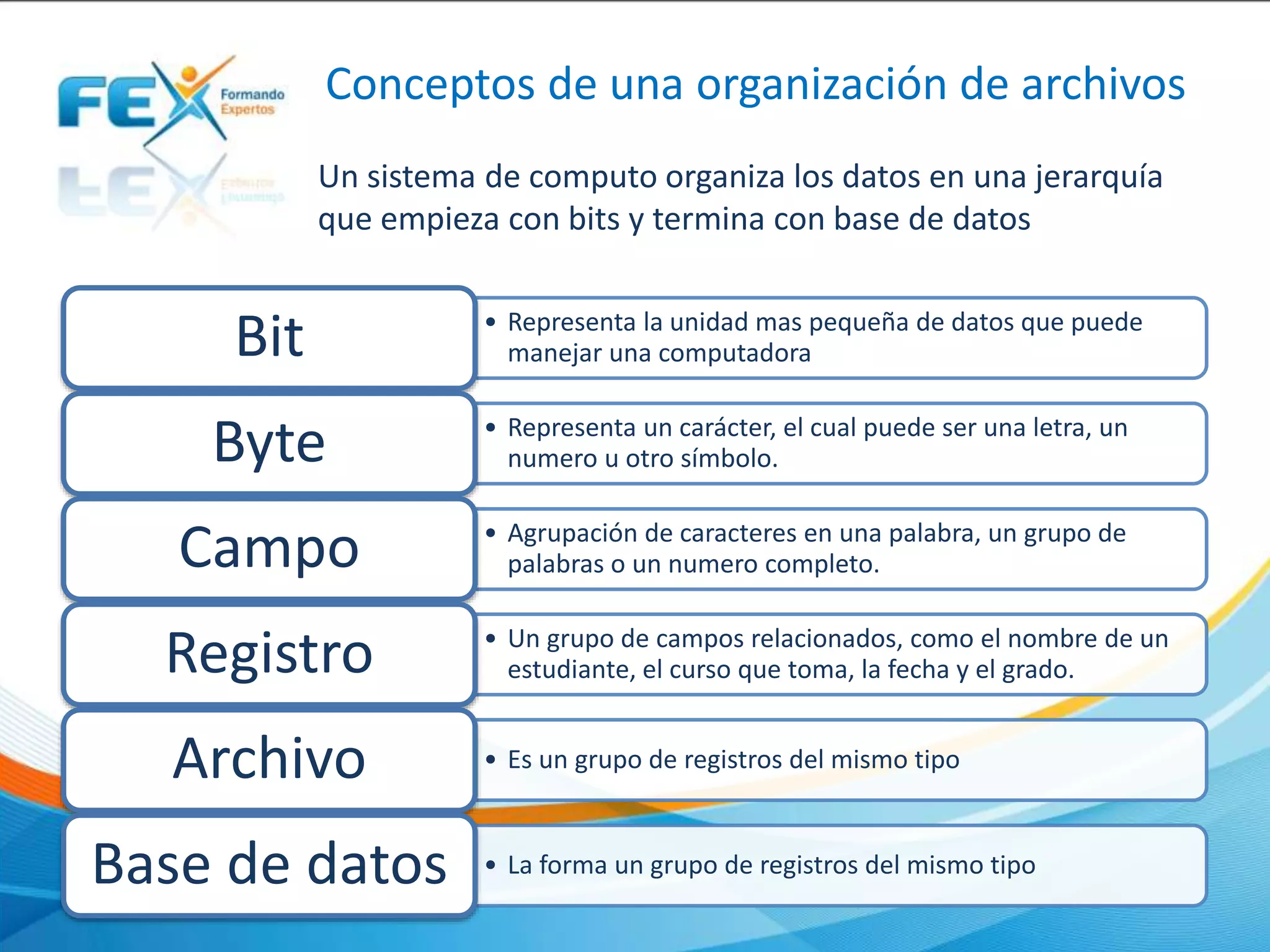 Conceptos de una organización de archivos
• Representa la unidad mas pequeña de datos que puede
manejar una computadoraBit
• Representa un carácter, el cual puede ser una letra, un
numero u otro símbolo.Byte
• Agrupación de caracteres en una palabra, un grupo de
palabras o un numero completo.Campo
• Un grupo de campos relacionados, como el nombre de un
estudiante, el curso que toma, la fecha y el grado.Registro
• Es un grupo de registros del mismo tipoArchivo
• La forma un grupo de registros del mismo tipoBase de datos
Un sistema de computo organiza los datos en una jerarquía
que empieza con bits y termina con base de datos
 