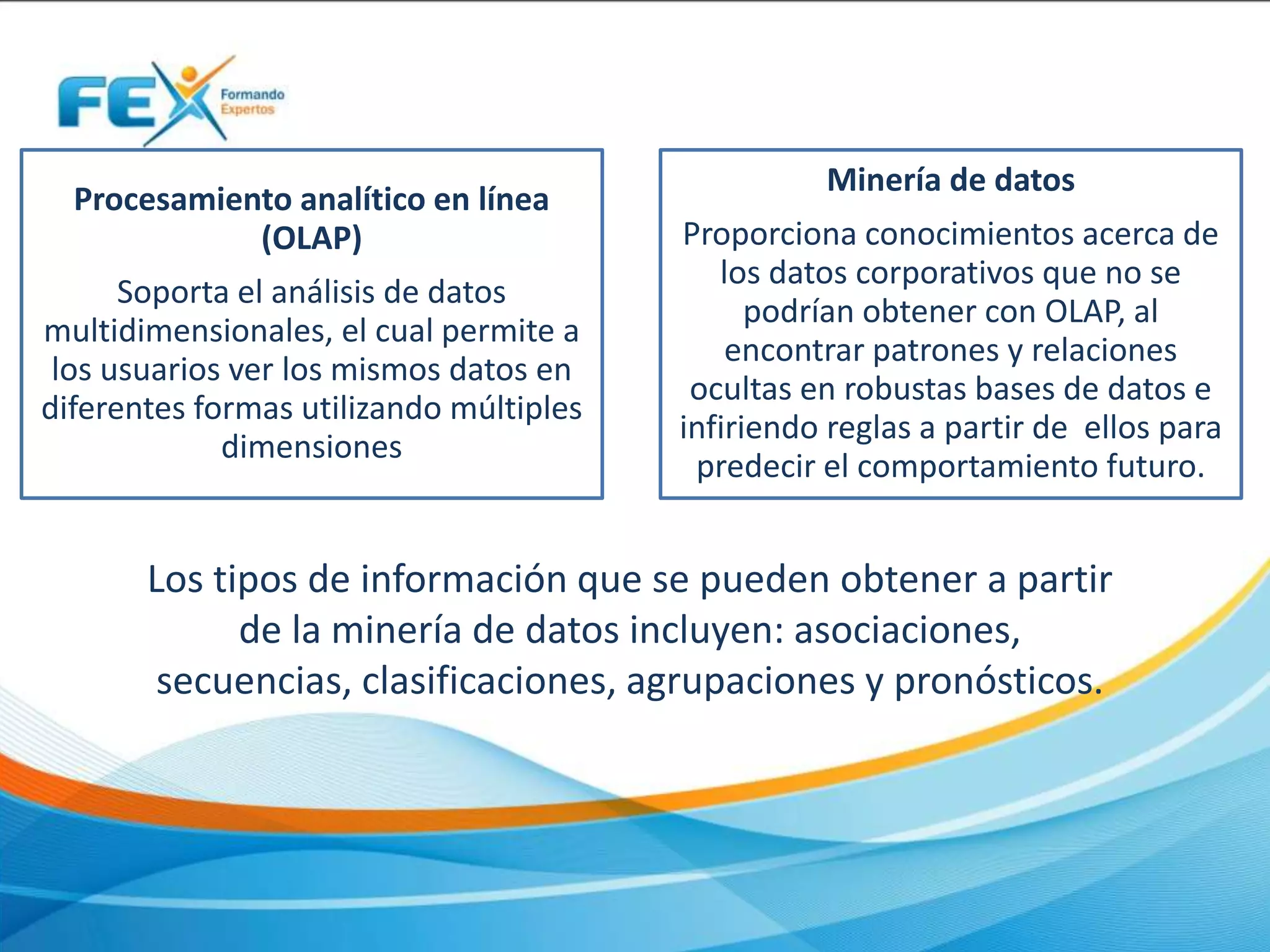 Procesamiento analítico en línea
(OLAP)
Soporta el análisis de datos
multidimensionales, el cual permite a
los usuarios ver los mismos datos en
diferentes formas utilizando múltiples
dimensiones
Minería de datos
Proporciona conocimientos acerca de
los datos corporativos que no se
podrían obtener con OLAP, al
encontrar patrones y relaciones
ocultas en robustas bases de datos e
infiriendo reglas a partir de ellos para
predecir el comportamiento futuro.
Los tipos de información que se pueden obtener a partir
de la minería de datos incluyen: asociaciones,
secuencias, clasificaciones, agrupaciones y pronósticos.
 