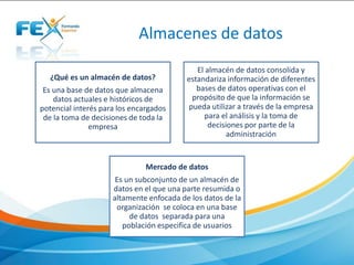 Almacenes de datos
¿Qué es un almacén de datos?
Es una base de datos que almacena
datos actuales e históricos de
potencial interés para los encargados
de la toma de decisiones de toda la
empresa
El almacén de datos consolida y
estandariza información de diferentes
bases de datos operativas con el
propósito de que la información se
pueda utilizar a través de la empresa
para el análisis y la toma de
decisiones por parte de la
administración
Mercado de datos
Es un subconjunto de un almacén de
datos en el que una parte resumida o
altamente enfocada de los datos de la
organización se coloca en una base
de datos separada para una
población especifica de usuarios
 