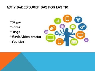 ACTIVIDADES SUGERIDAS POR LAS TIC
*Skype
*Foros
*Blogs
*Movie/video creator
*Youtube
 