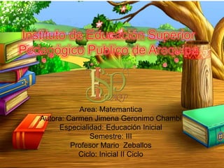 Area: Matemantica
Autora: Carmen Jimena Geronimo Chambi
Especialidad: Educación Inicial
Semestre: III
Profesor Mario Zeballos
Ciclo: Inicial II Ciclo
 