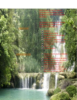 para el buen uso de este tipo de
herramientas tecnológicas y para
flexibilizar el proceso de enseñanza-
apredizaje.
OBJETIVOS
Los objetivos propuestos de manera
intencional y que deben quedar
claramente reflejados son;
Reflexión.
Pensamiento crítico.
Autonomía en el aprendizaje.
La identificación.
Flexibilidad y adaptación a una
sociedad en constante cambio.
La creatividad.
Selección.
La investigación.
ORGANIZACION Introducción de pizarras digitales
en las aulas.
Añadir ordenadores en las aulas.
Habituarse al trabajo con otras
formas de comunicación y
realización del mismo.
Y para realizar todo esto con
seguridad y ayuda contar con la
figura de un profesor de TIC.