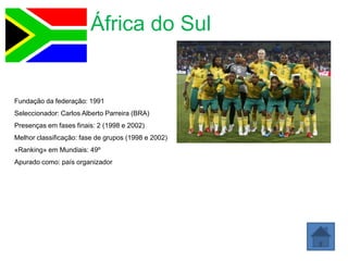 África do Sul


Fundação da federação: 1991
Seleccionador: Carlos Alberto Parreira (BRA)
Presenças em fases finais: 2 (1998 e 2002)
Melhor classificação: fase de grupos (1998 e 2002)
«Ranking» em Mundiais: 49º
Apurado como: país organizador
 