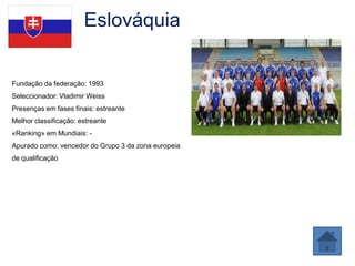 Eslováquia


Fundação da federação: 1993
Seleccionador: Vladimir Weiss
Presenças em fases finais: estreante
Melhor classificação: estreante
«Ranking» em Mundiais: -
Apurado como: vencedor do Grupo 3 da zona europeia
de qualificação
 
