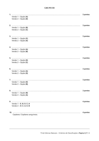GRUPO III


1. ....................................................................................................................................................	   3 pontos
   Versão 1 – Opção (A)
   Versão 2 – Opção (D)


2. ....................................................................................................................................................	   3 pontos
   Versão 1 – Opção (B)
   Versão 2 – Opção (C)


3. ....................................................................................................................................................	   3 pontos
   Versão 1 – Opção (C)
   Versão 2 – Opção (A)


4. ....................................................................................................................................................	   3 pontos
   Versão 1 – Opção (A)
   Versão 2 – Opção (B)


5. ....................................................................................................................................................	   3 pontos
   Versão 1 – Opção (D)
   Versão 2 – Opção (C)


6. ....................................................................................................................................................	   3 pontos
   Versão 1 – Opção (A)
   Versão 2 – Opção (D)


7. ....................................................................................................................................................	   3 pontos
   Versão 1 – Opção (D)
   Versão 2 – Opção (B)


8. ....................................................................................................................................................	   3 pontos
   Versão 1 – Opção (B)
   Versão 2 – Opção (A)


9. ....................................................................................................................................................	   4 pontos
   Versão 1 – E, B, D, C, A
   Versão 2 – D, C, A, E, B


10. ..................................................................................................................................................	    4 pontos
    Capilares / Capilares sanguíneos.




                                                                  TI de Ciências Naturais – Critérios de Classificação • Página C/7/ 8
 