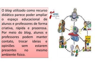 O blog utilizado como recurso
didático parece poder ampliar
o espaço educacional de
alunos e professores de forma
criativa, rápida e prazerosa.
Por meio do blog, alunos e
professores podem manter
contato, trocar ideias e
opiniões sem estarem
presentes no mesmo
ambiente físico.
 