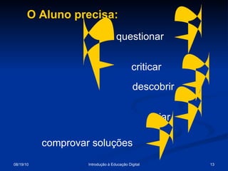 O Aluno precisa: questionar descobrir criar criticar comprovar soluções 