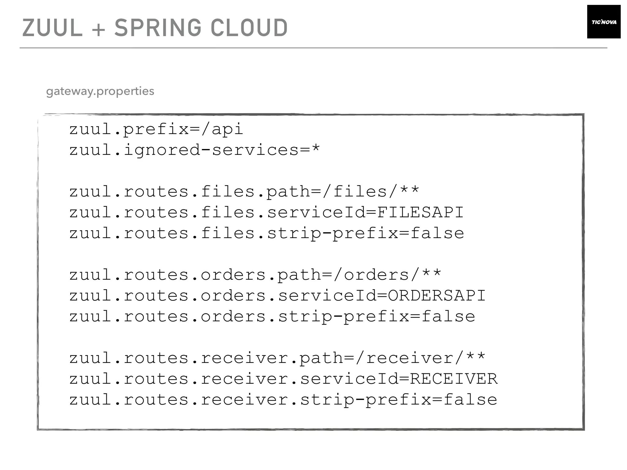 ZUUL + SPRING CLOUD
zuul.prefix=/api
zuul.ignored-services=*
zuul.routes.files.path=/files/**
zuul.routes.files.serviceId=FILESAPI
zuul.routes.files.strip-prefix=false
zuul.routes.orders.path=/orders/**
zuul.routes.orders.serviceId=ORDERSAPI
zuul.routes.orders.strip-prefix=false
zuul.routes.receiver.path=/receiver/**
zuul.routes.receiver.serviceId=RECEIVER
zuul.routes.receiver.strip-prefix=false
gateway.properties
 