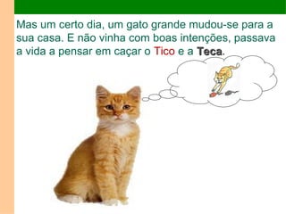 Mas um certo dia, um gato grande mudou-se para a 
sua casa. E não vinha com boas intenções, passava 
a vida a pensar em caçar o Tico e a TTeeccaa. 
 