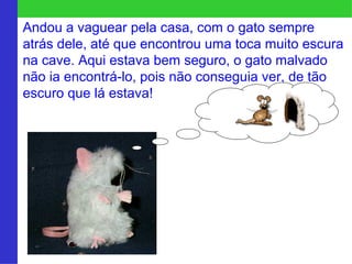 Andou a vaguear pela casa, com o gato sempre 
atrás dele, até que encontrou uma toca muito escura 
na cave. Aqui estava bem seguro, o gato malvado 
não ia encontrá-lo, pois não conseguia ver, de tão 
escuro que lá estava! 
 