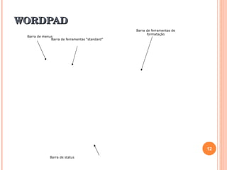 WORDPAD Barra de menus Barra de ferramentas de formatação Barra de ferramentas “standard” Barra de status 