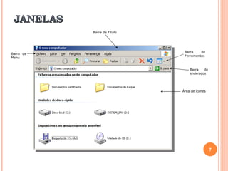 JANELAS Barra de Ferramentas Barra de Menu Barra de Título Barra de endereços Área de ícones 
