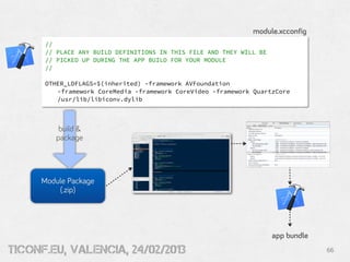 module.xcconfig
      //
      // PLACE ANY BUILD DEFINITIONS IN THIS FILE AND THEY WILL BE
      // PICKED UP DURING THE APP BUILD FOR YOUR MODULE
      //

      OTHER_LDFLAGS=$(inherited) -framework AVFoundation
         -framework CoreMedia -framework CoreVideo -framework QuartzCore
         /usr/lib/libiconv.dylib



         build &
        package




     Module Package
         (.zip)




                                                                     app bundle
tiConf.eu, valencia, 24/02/2013                                                   66
 