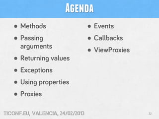 Agenda
   • Methods                      • Events
   • Passing                      • Callbacks
      arguments
          ...