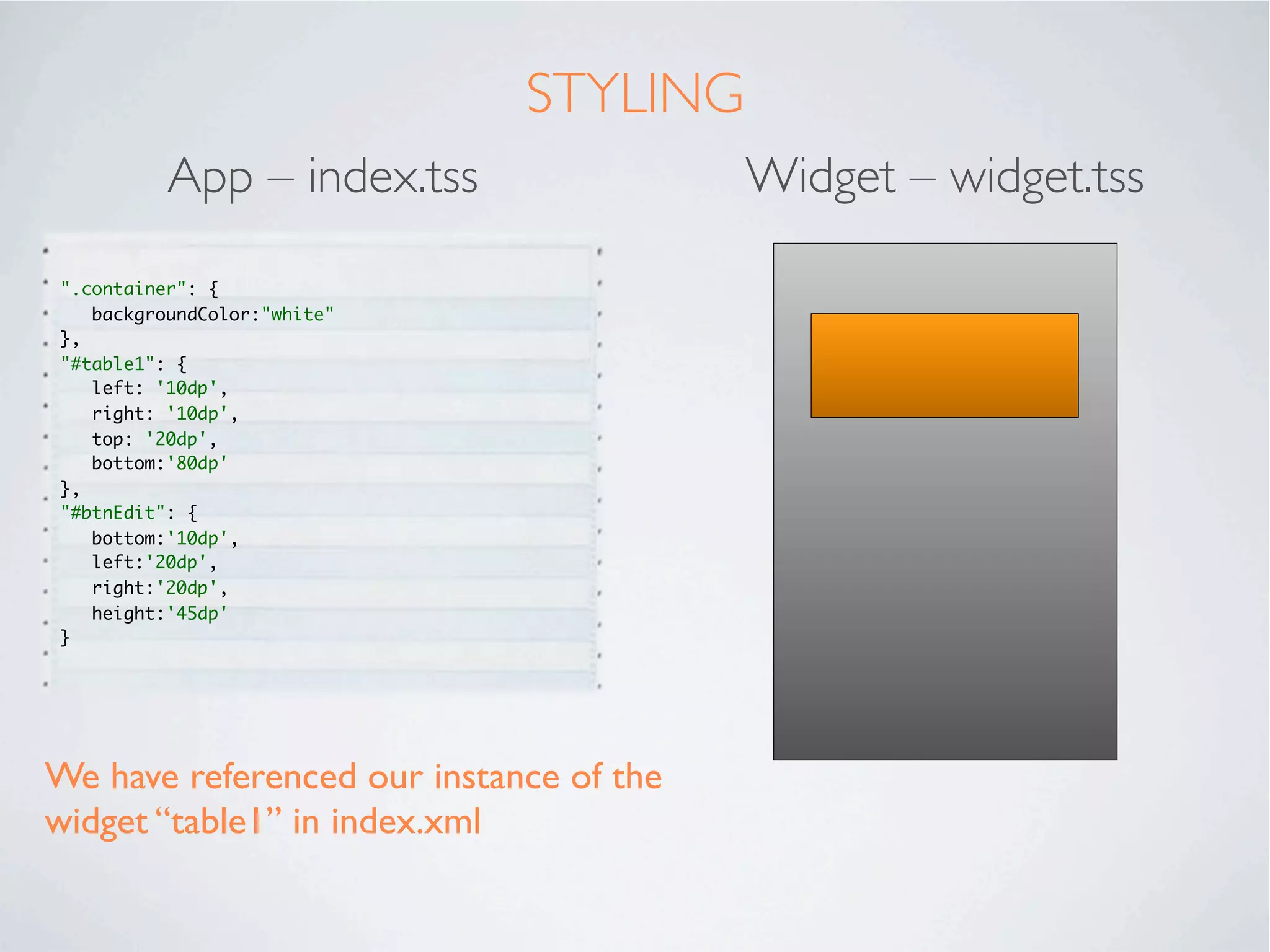 WIDGET FILE STRUCTURE
A widgets folder is created with Controllers, Styles and Views sub-directories.




Note the absence of Models – this is because the main app should handle
data storage
 