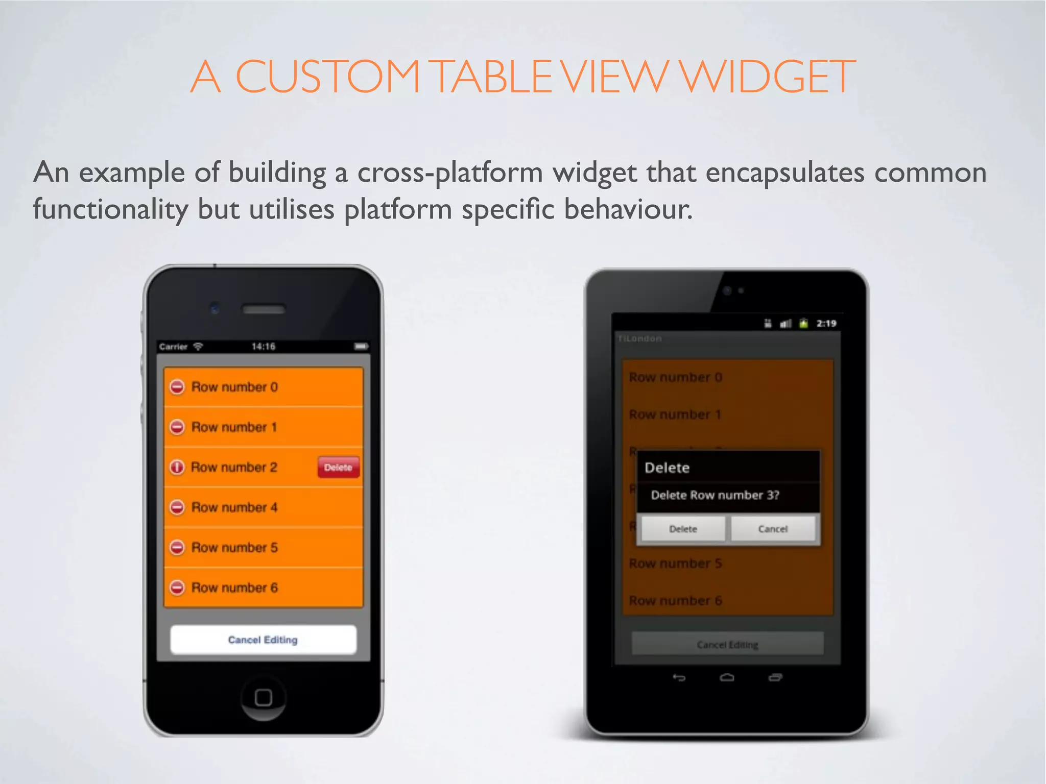 WHAT IS A WIDGET?

A self-contained bespoke UI component that
holds all the logic associated with its use.

•   Create a re-usable library across multiple
    projects

•   Create components that manage cross-
    platform differences (e.g. a table edit / delete
    component)

•   Improve readability of code
 