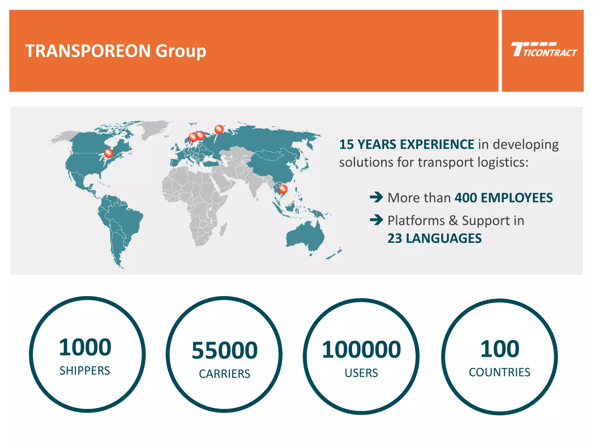TRANSPOREON Group
1000
SHIPPERS
55000
CARRIERS
100000
USERS
15 YEARS EXPERIENCE in developing
solutions for transport logistics:
 More than 400 EMPLOYEES
 Platforms & Support in
23 LANGUAGES
100
COUNTRIES
 