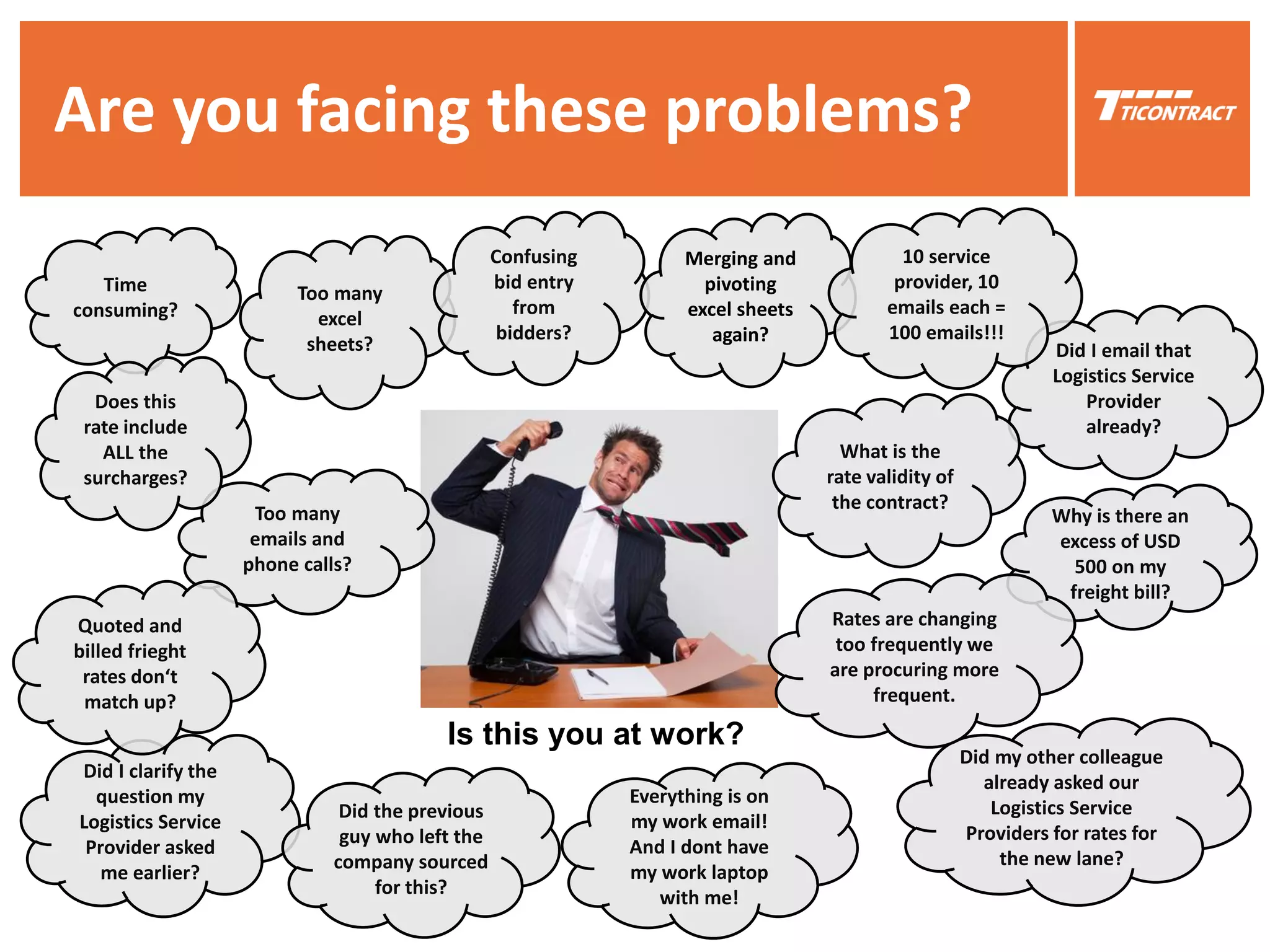 Are you facing these problems?
Time
consuming?
Too many
excel
sheets?
Confusing
bid entry
from
bidders?
Is this you at work?
Merging and
pivoting
excel sheets
again?
Did I email that
Logistics Service
Provider
already?
Too many
emails and
phone calls?
10 service
provider, 10
emails each =
100 emails!!!
Does this
rate include
ALL the
surcharges?
Did I clarify the
question my
Logistics Service
Provider asked
me earlier?
What is the
rate validity of
the contract?
Did my other colleague
already asked our
Logistics Service
Providers for rates for
the new lane?
Did the previous
guy who left the
company sourced
for this?
Everything is on
my work email!
And I dont have
my work laptop
with me!
Why is there an
excess of USD
500 on my
freight bill?
Quoted and
billed frieght
rates don‘t
match up?
Rates are changing
too frequently we
are procuring more
frequent.
 