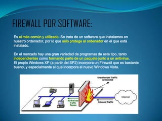 FIREWALL POR SOFTWARE:
Es el más común y utilizado. Se trata de un software que instalamos en
nuestro ordenador, por lo que sólo protege al ordenador en el que está
instalado.

En el mercado hay una gran variedad de programas de este tipo, tanto
independientes como formando parte de un paquete junto a un antivirus.
El propio Windows XP (a partir del SP2) incorpora un Firewall que es bastante
bueno, y especialmente el que incorpora el nuevo Windows Vista.
 