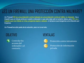 ¿ES UN FIREWALL UNA PROTECCIÓN CONTRA MALWARE?
 Un Firewall NO es una protección contra malware es una protección contra el tráfico no deseado. Va a
 impedir que un intruso entre en nuestro ordenador o que este deje salir al exterior datos, pero NO va a
 impedir que nos infecte un virus, programa espía o adware, ni tampoco que tengamos una infección por
 troyanos.

 Un Firewall es sólo parte de la solución, pero no lo es todo.




  OBJETIVO                                             VENTAJAS
           Controlar los                                         Protección contra intrusiones
           accesos del
           ordenador y al                                        Protección de información
           contrario.                                            privada
 