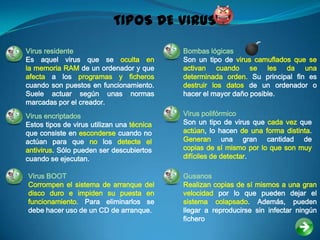 TIPOS DE VIRUS
Virus residente                             Bombas lógicas
Es aquel virus que se oculta en             Son un tipo de virus camuflados que se
la memoria RAM de un ordenador y que        activan cuando se les da una
afecta a los programas y ficheros           determinada orden. Su principal fin es
cuando son puestos en funcionamiento.       destruir los datos de un ordenador o
Suele actuar según unas normas              hacer el mayor daño posible.
marcadas por el creador.
Virus encriptados                           Virus polifórmico
Estos tipos de virus utilizan una técnica   Son un tipo de virus que cada vez que
que consiste en esconderse cuando no        actúan, lo hacen de una forma distinta.
actúan para que no los detecte el           Generan una gran cantidad de
antivirus. Sólo pueden ser descubiertos     copias de sí mismo por lo que son muy
cuando se ejecutan.                         difíciles de detectar.

Virus BOOT                                  Gusanos
Corrompen el sistema de arranque del        Realizan copias de sí mismos a una gran
disco duro e impiden su puesta en           velocidad por lo que pueden dejar el
funcionamiento. Para eliminarlos se         sistema colapsado. Además, pueden
debe hacer uso de un CD de arranque.        llegar a reproducirse sin infectar ningún
                                            fichero
 