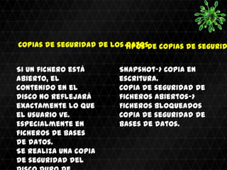 Copias de seguridad de los Tipos de copias de segurid
                           datos


Si un fichero está       Snapshot-> Copia en
abierto, el              escritura.
contenido en el          Copia de seguridad de
disco no reflejará       ficheros abiertos->
exactamente lo que       Ficheros bloqueados
el usuario ve.           Copia de seguridad de
Especialmente en         bases de datos.
ficheros de bases
de datos.
Se realiza una copia
de seguridad del
 