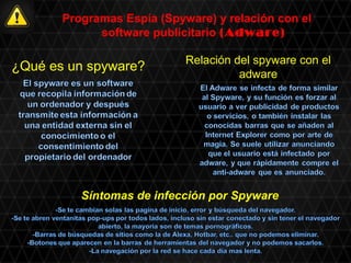 .                  .

       Programas Espía (Spyware) y relación con el
             software publicitario (Adware)

                               Relación del spyware con el
¿Qué es un spyware?
                                         adware




            Síntomas de infección por Spyware
 