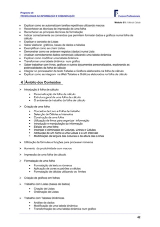 Programa de
TECNOLOGIAS DA INFORMAÇÃO E COMUNICAÇÃO Cursos Profissionais
Módulo 5/1: Folha de Cálculo
• Explicar como se automatizam tarefas repetitivas utilizando macros
• Reconhecer as técnicas de impressão de uma folha
• Reconhecer as principais técnicas de formatação
• Indicar correctamente os comandos que permitem formatar dados e gráficos numa folha de
cálculo
• Explicar o conceito de Listas
• Saber elaborar gráficos, bases de dados e tabelas
• Exemplificar como se criam Listas.
• Demonstrar como se ordenam registos (dados) numa Lista
• Analisar correctamente dados comerciais utilizando uma tabela dinâmica
• Explicar como modificar uma tabela dinâmica
• Transformar uma tabela dinâmica num gráfico
• Saber trabalhar com livros, gráficos e outros documentos personalizados, explorando as
potencialidades da folha de cálculo
• Integrar no processador de texto Tabelas e Gráficos elaborados na folha de cálculo
• Explicar como se integram na Web Tabelas e Gráficos elaborados na folha de cálculo
4 Âmbito dos Conteúdos
¾ Introdução à folha de cálculo
ƒ Personalização da folha de cálculo
ƒ Estrutura geral de uma folha de cálculo
ƒ O ambiente de trabalho da folha de cálculo
¾ Criação de uma folha
ƒ Conceitos de Livro e Folha de trabalho
ƒ Selecção de Células e Intervalos
ƒ Construção de uma folha
ƒ Utilização de livros para organizar informação
ƒ Introdução e manipulação da informação
ƒ Edição de uma folha
ƒ Inserção e eliminação de Colunas, Linhas e Células
ƒ Atribuição de um nome a uma Célula e a um Intervalo
ƒ Modificação da largura das Colunas e da altura das Linhas
¾ Utilização de fórmulas e funções para processar números
¾ Aumento da produtividade com macros
¾ Impressão de uma folha de cálculo
¾ Formatação de uma folha
ƒ Formatação de texto e números
ƒ Aplicação de cores e padrões a células
ƒ Formatação de células utilizando os limites
¾ Criação de gráficos em folhas
¾ Trabalho com Listas (bases de dados)
ƒ Criação de Listas
ƒ Ordenação de Listas
¾ Trabalho com Tabelas Dinâmicas
ƒ Análise de dados
ƒ Modificação de uma tabela dinâmica
ƒ Transformação de uma tabela dinâmica num gráfico
42
 