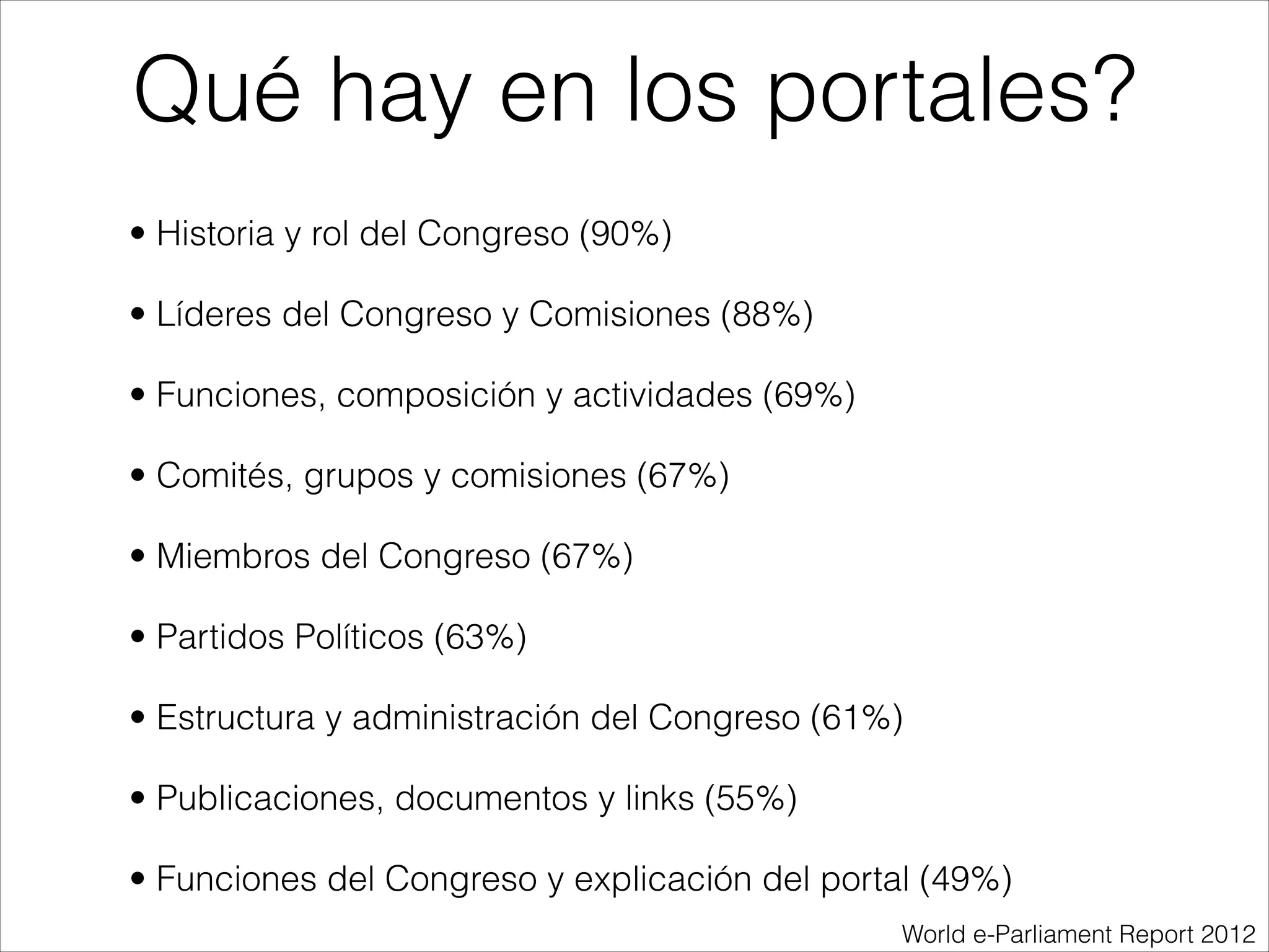 • Historia y rol del Congreso (90%)
• Líderes del Congreso y Comisiones (88%)
• Funciones, composición y actividades (69%)
• Comités, grupos y comisiones (67%)
• Miembros del Congreso (67%)
• Partidos Políticos (63%)
• Estructura y administración del Congreso (61%)
• Publicaciones, documentos y links (55%)
• Funciones del Congreso y explicación del portal (49%)
Qué hay en los portales?
World e-Parliament Report 2012
 