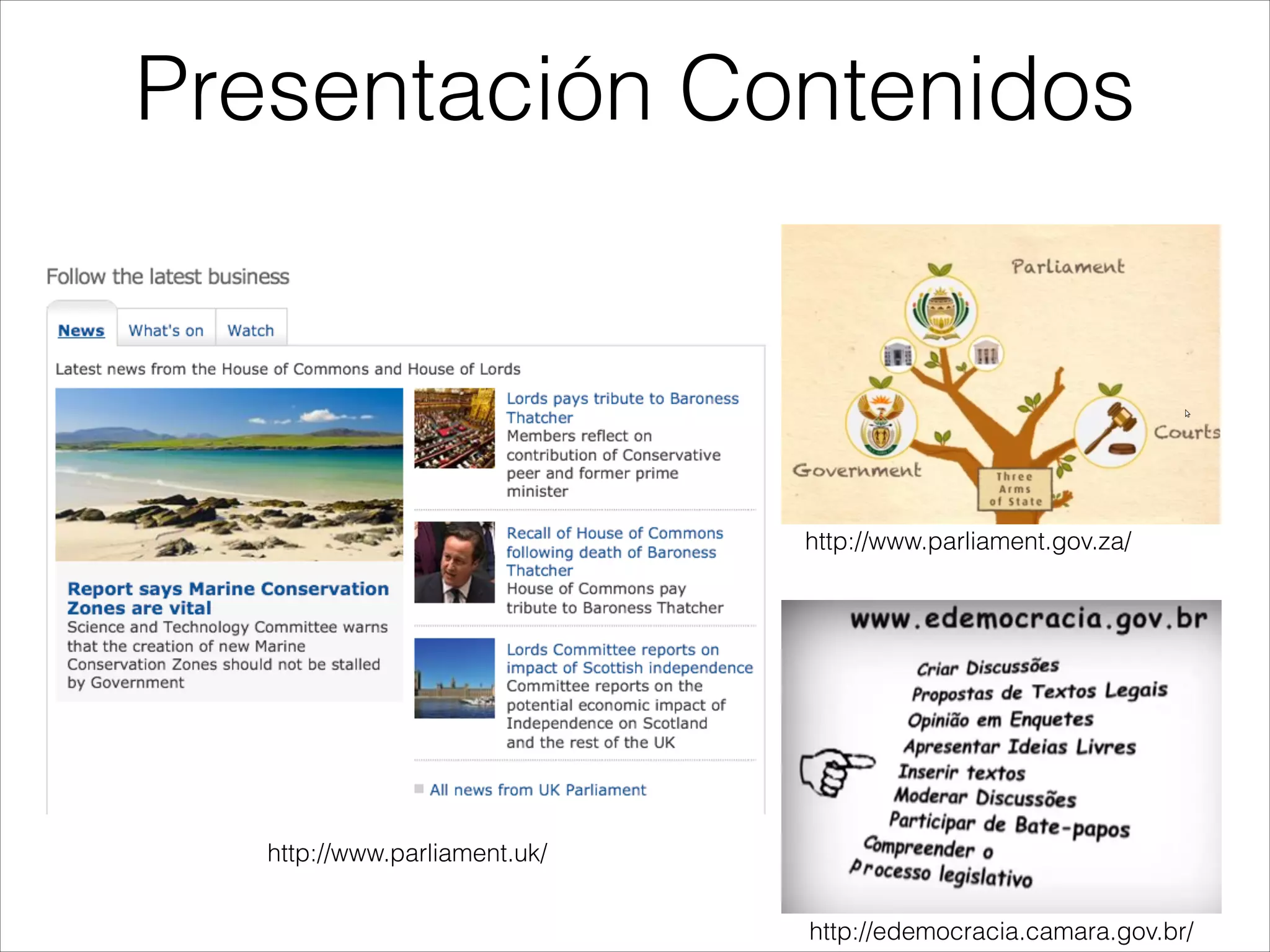 Presentación Contenidos
http://www.parliament.uk/
http://edemocracia.camara.gov.br/
http://www.parliament.gov.za/
 