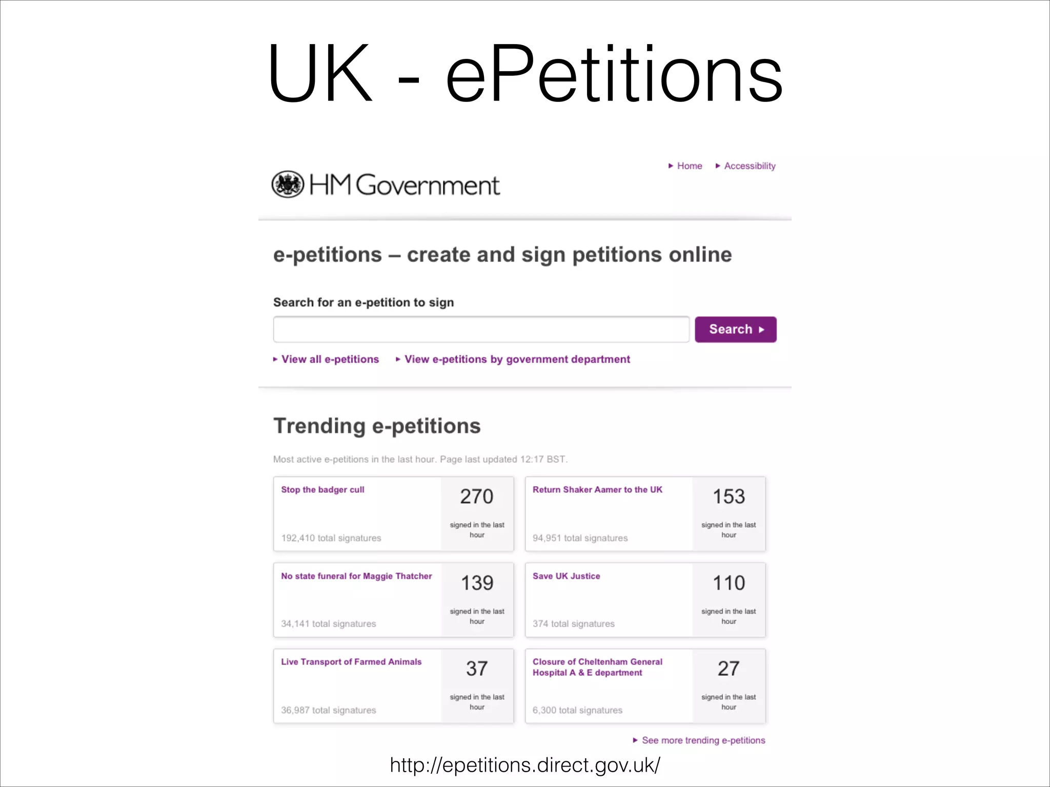UK - ePetitions
http://epetitions.direct.gov.uk/
 