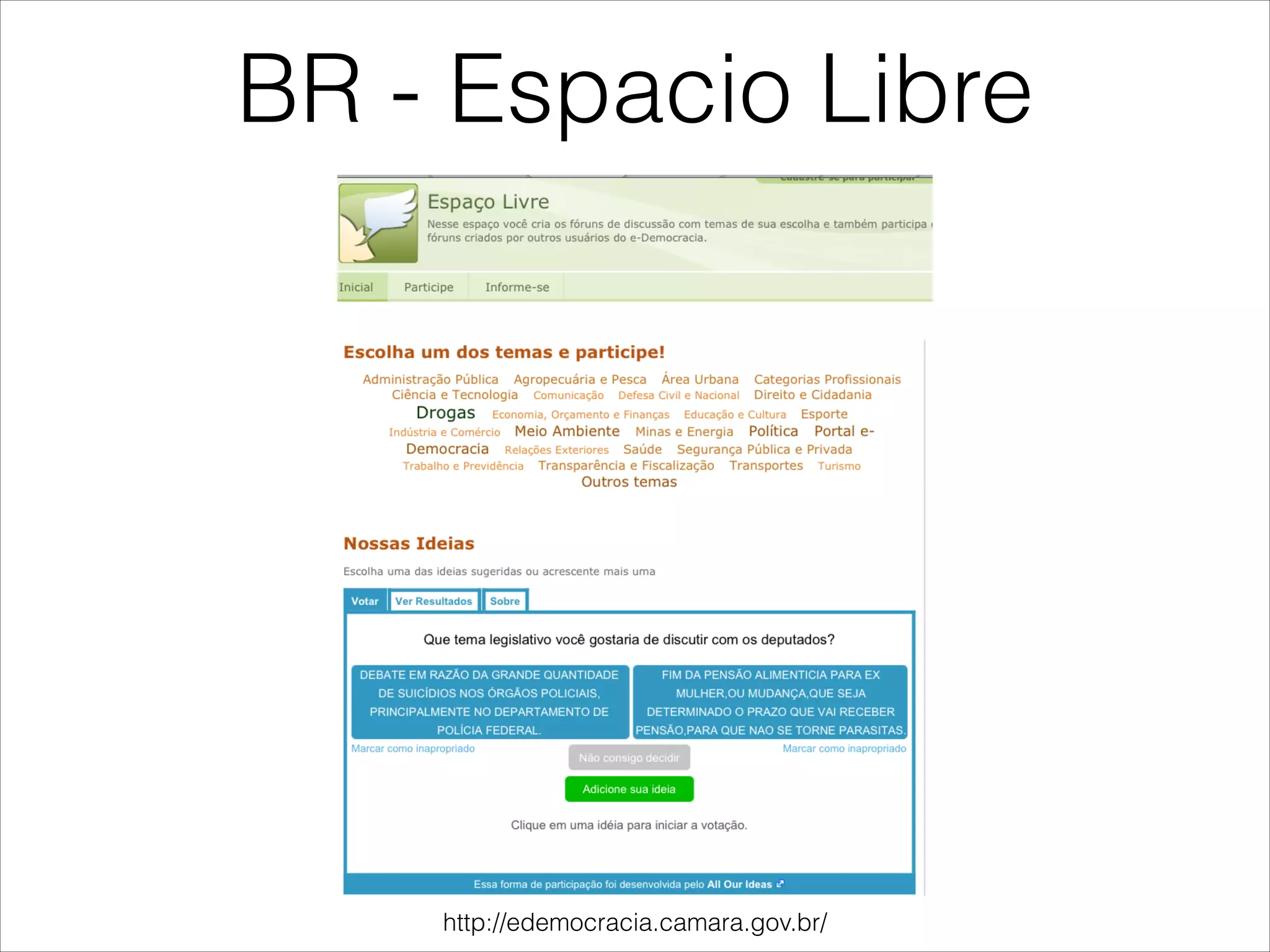 BR - Espacio Libre
http://edemocracia.camara.gov.br/
 