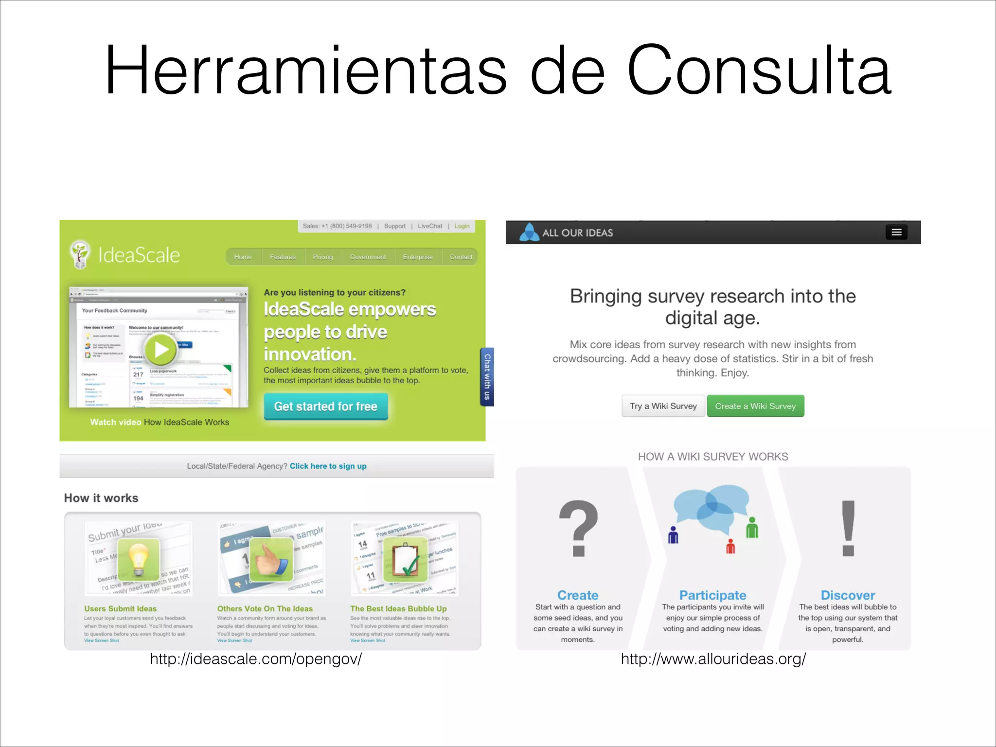 Herramientas de Consulta
http://www.allourideas.org/http://ideascale.com/opengov/
 