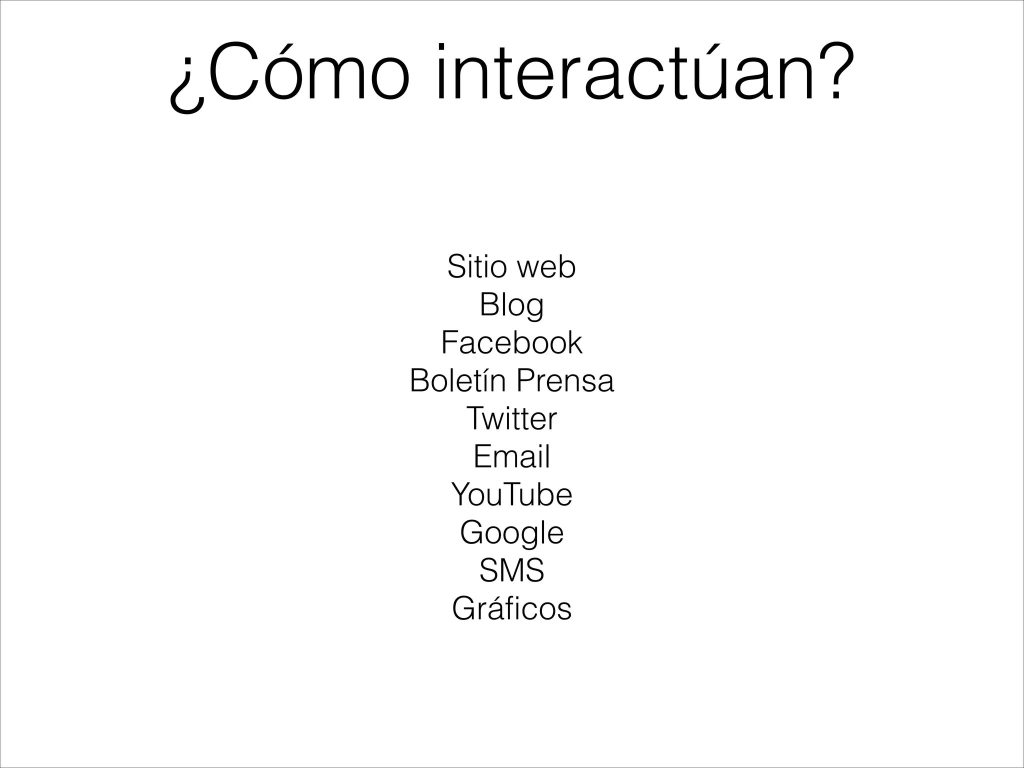 Sitio web
Blog
Facebook
Boletín Prensa
Twitter
Email
YouTube
Google
SMS
Gráficos
¿Cómo interactúan?
 