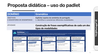 TIC@Portugal’18
Proposta didática – uso do padlet
DOMÍNIO Gramática
OBJETIVOS
E DESCRITORES DE DESEMPENHO
Explicitar aspetos da semântica do português.
1. Identificar e caracterizar diferentes modalidades.
ATIVIDADE Construção de frases exemplificativas de cada um dos
tipos de modalidades
11
 