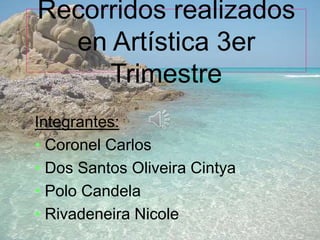 Recorridos realizados
en Artística 3er
Trimestre
Integrantes:
• Coronel Carlos
• Dos Santos Oliveira Cintya
• Polo Candela
• Rivadeneira Nicole
 