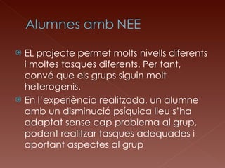 EL projecte permet molts nivells diferents i moltes tasques diferents. Per tant, convé que els grups siguin molt heterogenis. En l’experiència realitzada, un alumne amb un disminució psíquica lleu s’ha adaptat sense cap problema al grup, podent realitzar tasques adequades i aportant aspectes al grup 