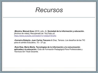 Recursos
-Moreira, Manuel Area (2016, julio, 4). Sociedad de la información y educación.
[Archivo de video]. Recuperado de: YouTube url:
https://www.youtube.com/watch?v=vIqQuhTEGXs
-Carneiro,Roberto. Juan Carlos Toscano & Díaz, Tamara. Los desafíos de las TIC
para el cambio Educativo, 15 – 27 pp.
-Ruiz Diaz, Maria Marta. Tecnologías de la información y la comunicación
aplicadas a la educación. Ciclo de Formación Pedagógica Para Profesionales y
Técnicos Sin Título Docente.
 