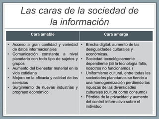 Las caras de la sociedad de
la información
Cara amable Cara amarga
• Acceso a gran cantidad y variedad
de datos informacionales
• Comunicación constante a nivel
planetario con todo tipo de sujetos y
grupos
• Aumento del bienestar material en la
vida cotidiana
• Mejora en la eficacia y calidad de los
servicios
• Surgimiento de nuevas industrias y
progreso económico
• Brecha digital: aumento de las
desigualdades culturales y
económicas.
• Sociedad tecnológicamente
dependiente (Si la tecnología falla,
nosotros no funcionamos.)
• Uniformismo cultural, entre todas las
sociedades planetarias se tiende a
una homogeneización perdiendo las
riquezas de las diversidades
culturales (cultura como consumo)
• Pérdida de la privacidad y aumento
del control informativo sobre el
individuo
 
