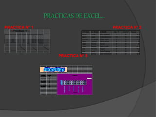 PRACTICAS DE EXCEL…
Numero Descripcion Cantidad Vendidos Total Costo unitario Total
1 Camisetas 89 56 33 $88.50 $2,920.50
2 pantalones 67 45 22 $289.99 $6,379.78
3 Camisas 69 49 69 $220.00 $15,180.00
4 Calcetas 58 41 17 $33.50 $569.50
5 Vetidos 79 39 40 $378.50 $15,140.00
6 Faldas 59 28 31 $189.50 $5,874.50
7 Blusas 99 79 20 $220.50 $4,410.00
8 Pantaones 45 22 23 $289.50 $6,658.50
255 57132.78
Practica 1
20/10/2010
A
lexis
C
arranza
Jesus
A
viles
B
ellanira
B
adillo
PATERNO MATERNO NOMBRE CALIF 1° CALIF 2° Pömedio
Barr'on Torrez jesus emanuel 73 80 76.5
Castro Lopez Andrea Berenice 100 95 97.5
Gimenez Hernandez Citlaly neyali 85 90 87.5
Lopez jimenez Dafne dolores 96 90 93
Lopez Medina Hernan 90 90 90
Lopez Medina Pedro Adolfo 95 90 92.5
Luna Renteria Diego0 69 80 74.5
Luna Lopez Paola Eufemia 80 90 85
Marin Barrios Edith Moncerrath 85 80 82.5
PRACTICA N° 1 PRACTICA N° 2
PRACTICA N° 3
 